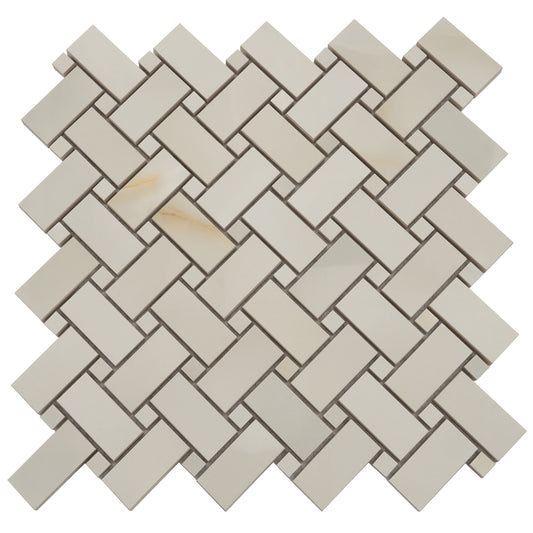 Perla 12x12 lappato onyx basketweave porcelain mosaic tile in neutral beige tones