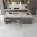 Alabaster white porcelain tile, 24x48 inch, lappato finish, installed on kitchen floor
