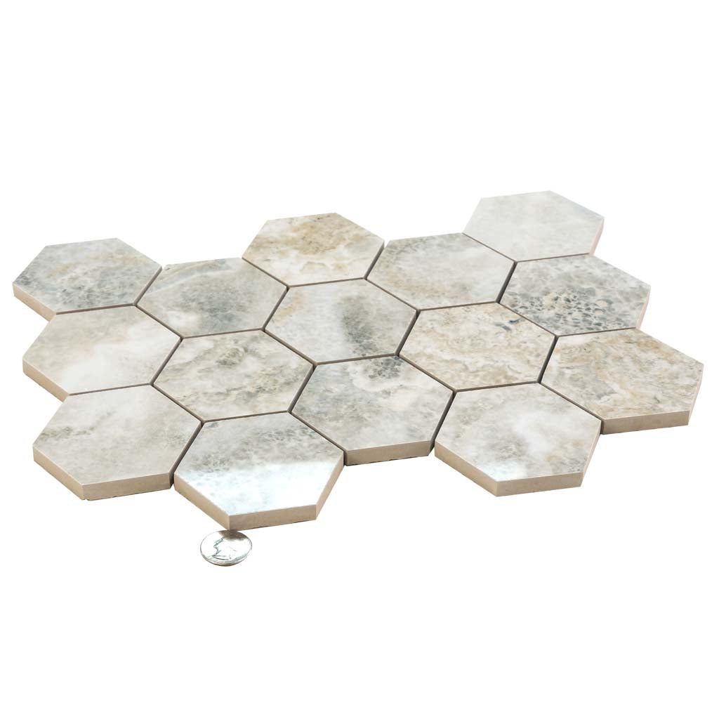 Light Taupe Beige 9x13 Polished Hexagon Porcelain Mosaic Tile (9 pack, 7.09 sq ft/case) - Sample