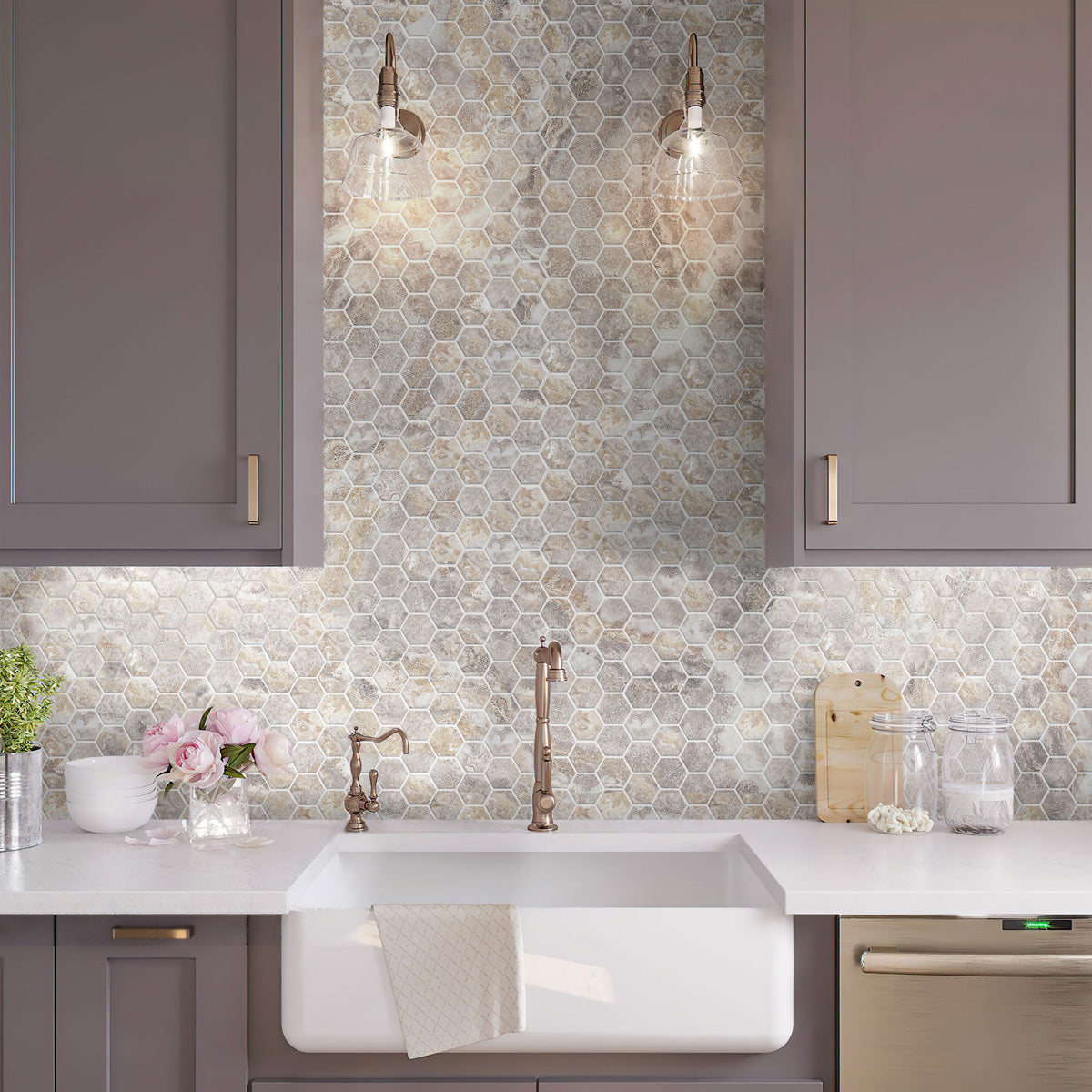 Light Taupe Beige 9x13 Polished Hexagon Porcelain Mosaic Tile (9 pack, 7.09 sq ft/case) - Sample