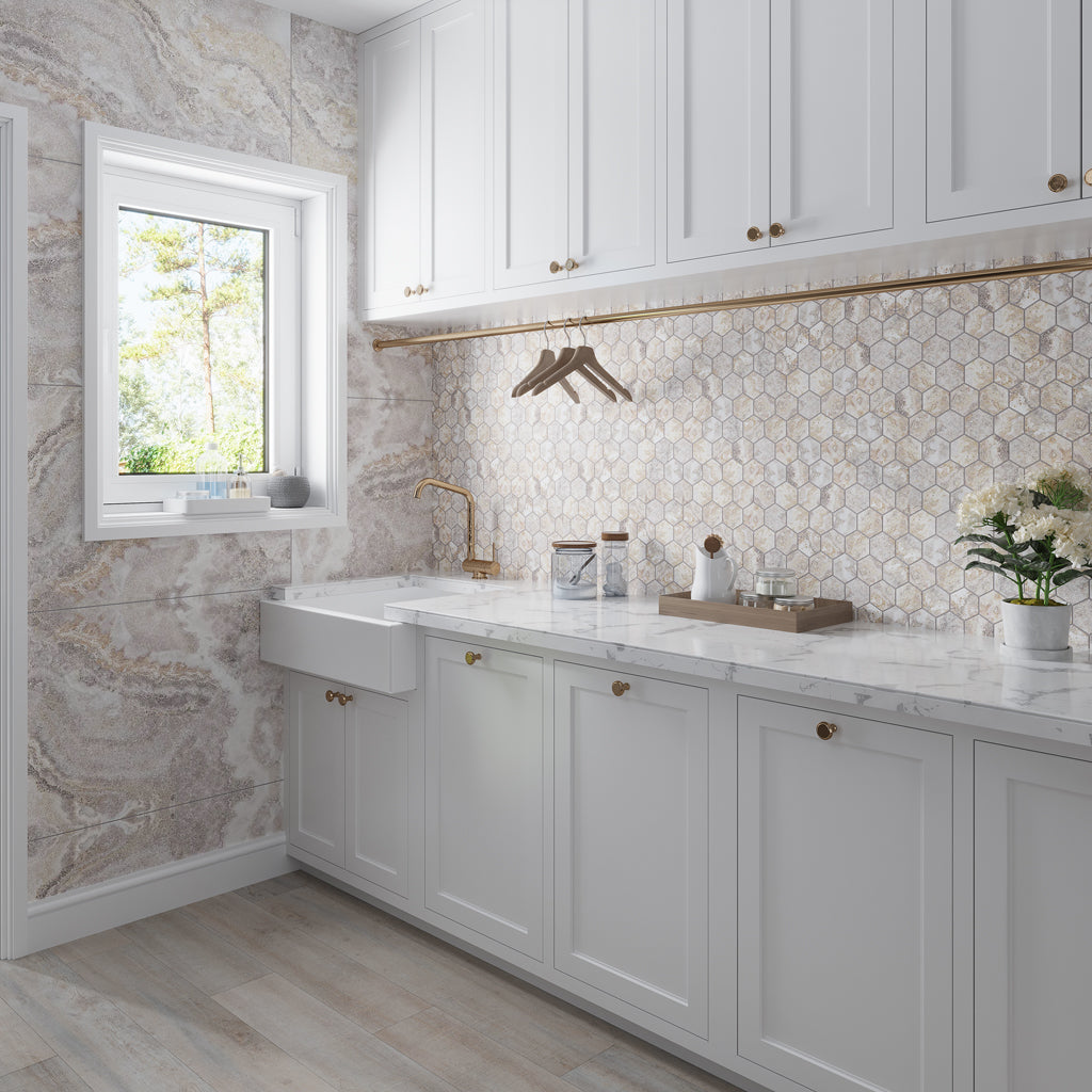 Light Taupe Beige 9x13 Polished Hexagon Porcelain Mosaic Tile (9 pack, 7.09 sq ft/case) - Sample