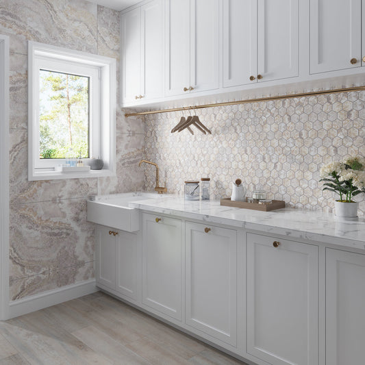 Light Taupe Beige 9x13 Polished Hexagon Porcelain Mosaic Tile (9 pack, 7.09 sq ft/case) - Sample