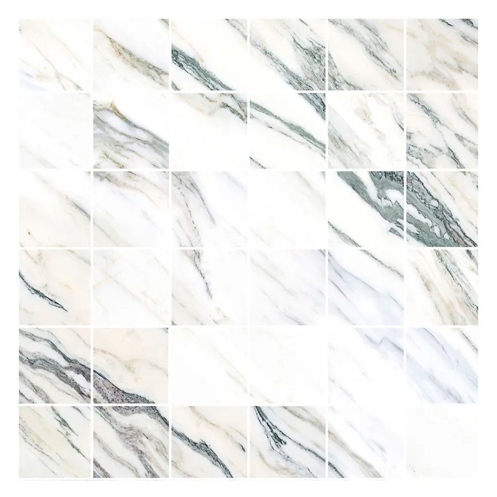 Splendor 11.81 in. x 11.81 in. Polished Ivory white with Green Veins Porcelain Mosaic Square Wall and Floor Tile (10.65 sq ft/case) - 11 Pack