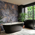 Polished Hale Navy porcelain large format tile 24x48 installed on bathroom wall