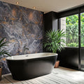 Polished large format Hale Navy porcelain tile with marble-like pattern for bathroom wall and floor