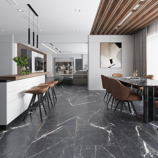 Charcoal black matte porcelain large format tile 24x48 installed on floor in modern interior