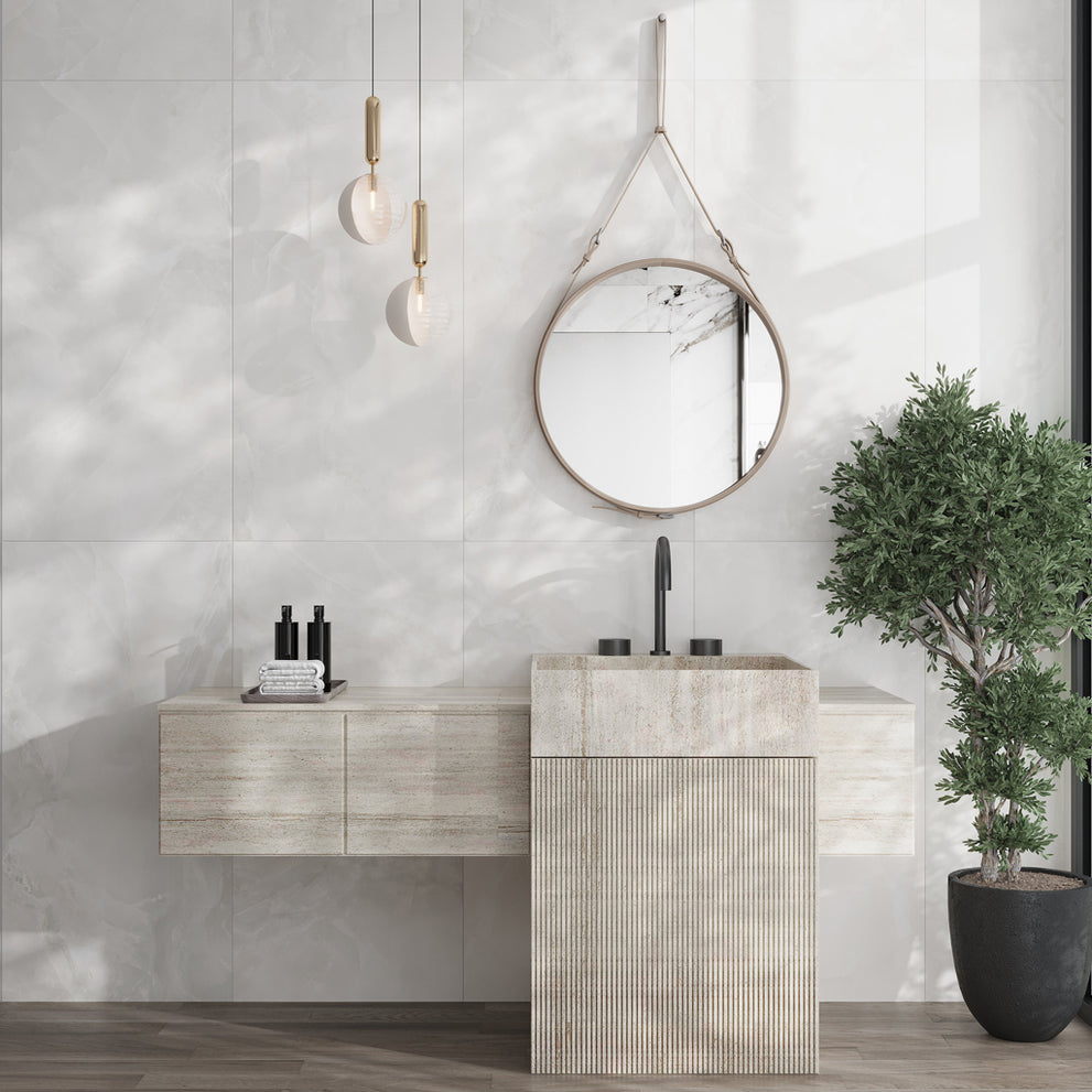 Bathroom backsplash design in large honed porcelain tile