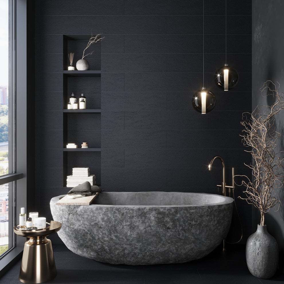 Staggered tile pattern in black matte ceramic large format tile