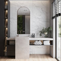Matte white ceramic large format rectangular wall tiles with fluted texture in bathroom setting