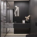 Matte black ceramic fluted large format 12x36 wall tile in bathroom setting