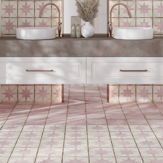 white pink 8x8 matte porcelain tile with star motif on floor and wall