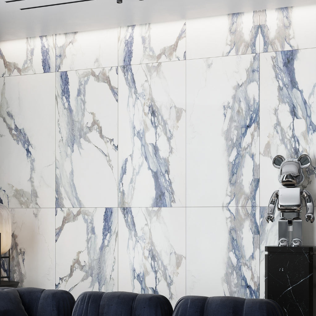 White with Blue-Gray 24x48 Polished Porcelain Large Format Tile (2 pack, 15.5 sq ft/case)