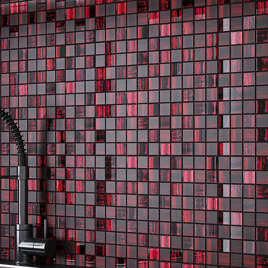 red glossy matte square glass mosaic tile 11x11 on kitchen backsplash