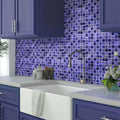 Purple 11x11 glossy matte square glass mosaic tile backsplash in kitchen setting