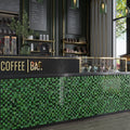 Emerald green glossy matte glass mosaic tile, 11x11, as a coffee bar front wall covering