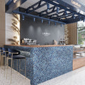 Blue 11x11 square glass mosaic tile with glossy and matte finish on bar countertop surface