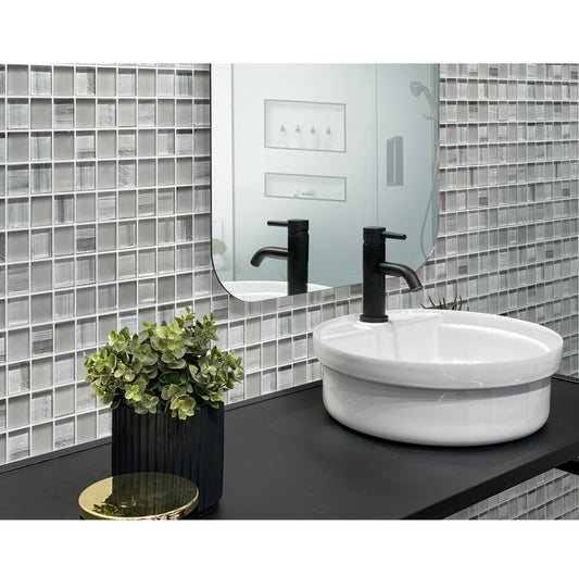 could gray 11x11 glossy and matte square glass mosaic tile in bathroom backsplash