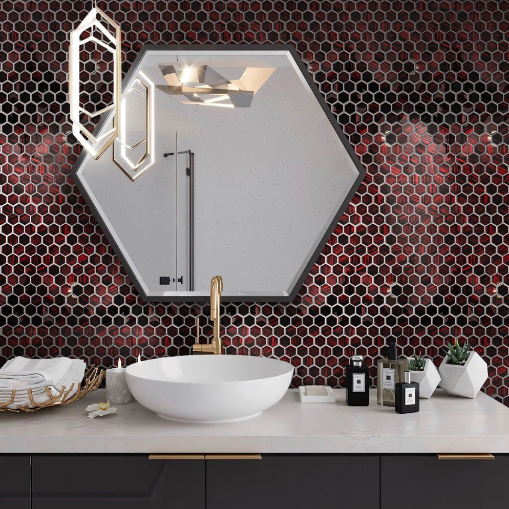 Berry Red 11x11 Glossy Matte Hexagon Glass Mosaic Tile (5 pack, 4.43 sq ft/case) - Sample