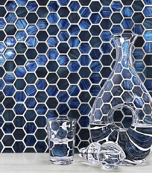 Blue hexagon glass mosaic tile with glossy and matte finish for kitchen backsplash or bathroom wall
