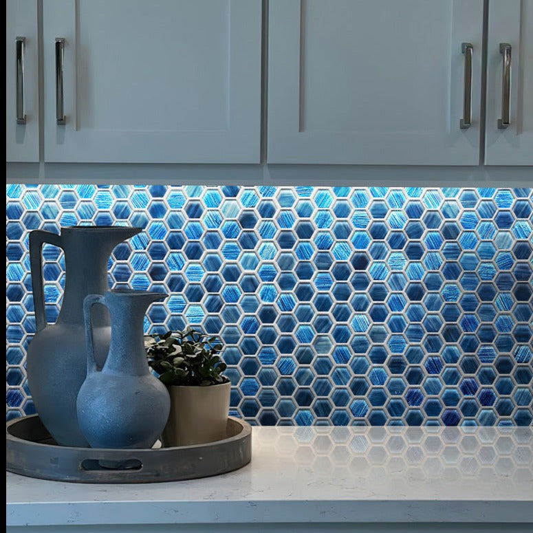 5 pack Blue 11.3 in. x 11.3 in. Hexagon Polished and Matte Finished Glass Mosaic Tile (4.43 sq ft/case) - Sample