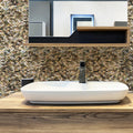 Polished beige and brown mother of pearl mosaic brick tiles on bathroom backsplash
