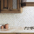 White polished square shell mother-of-pearl mosaic tile backsplash in kitchen, 12x12 inches