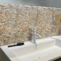 Polished brown mother of pearl mosaic tile with brick pattern on bathroom wall