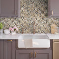 Polished 12x12 beige brown white mother of pearl mosaic tile backsplash in kitchen wall setting