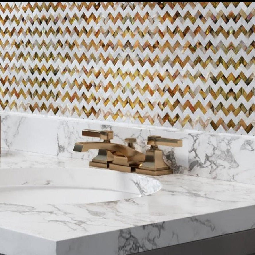 20 pack Brown and White 11.1 in. x 11.2 in. Polished Mother of Pearl Herringbone Wall Mosaic Tile (17.27 sq ft/case) - Sample