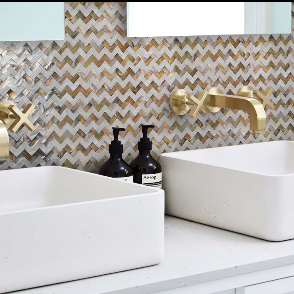 20 pack Brown and White 11.1 in. x 11.2 in. Polished Mother of Pearl Herringbone Wall Mosaic Tile (17.27 sq ft/case) - Sample