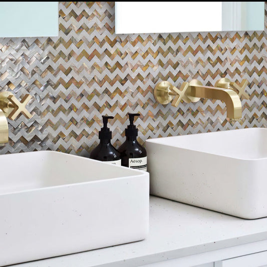 Brown White 11x11 Polished Herringbone Shell Mother of Pearl Mosaic Tile (20 pack, 17.27 sq ft/case) - Sample