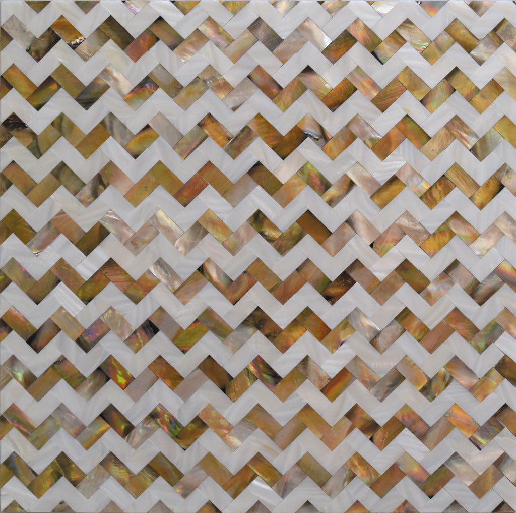 20 pack Brown and White 11.1 in. x 11.2 in. Polished Mother of Pearl Herringbone Wall Mosaic Tile (17.27 sq ft/case) - Sample