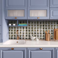 White polished mother of pearl diamond mosaic tile backsplash with gold accents, ideal for kitchen walls