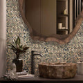Beige brown polished mother of pearl penny round mosaic tile on bathroom backsplash