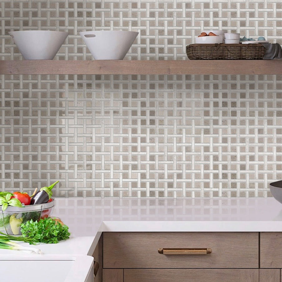 5 pack Beige 12-in x 12-in Polished Natural Stone Marble Basketweave Floor and Wall Tile (5 sq ft/case) - Sample