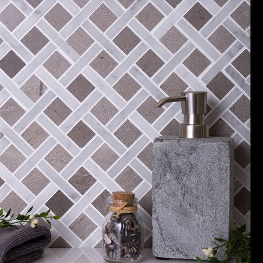 Bianco Carrara Eastern Beige polished marble basketweave mosaic tile on bathroom wall