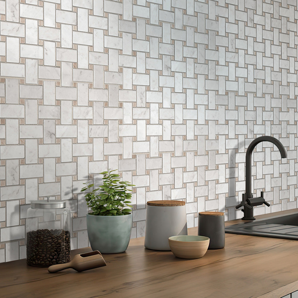 White 12x12 Basketweave Polished Marble Mosaic Tile (5 pack, 5 sq ft/case) - Sample