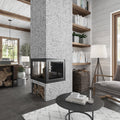White polished Bianco Carrara and Eastern Black marble basketweave mosaic tile on fireplace surround