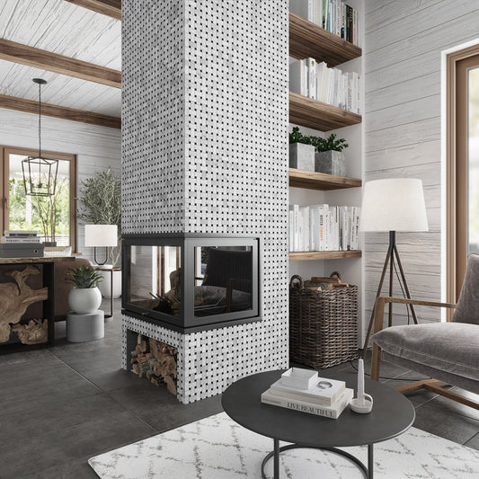 Polished Bianco Carrara and Eastern Black marble basketweave mosaic tile on fireplace wall