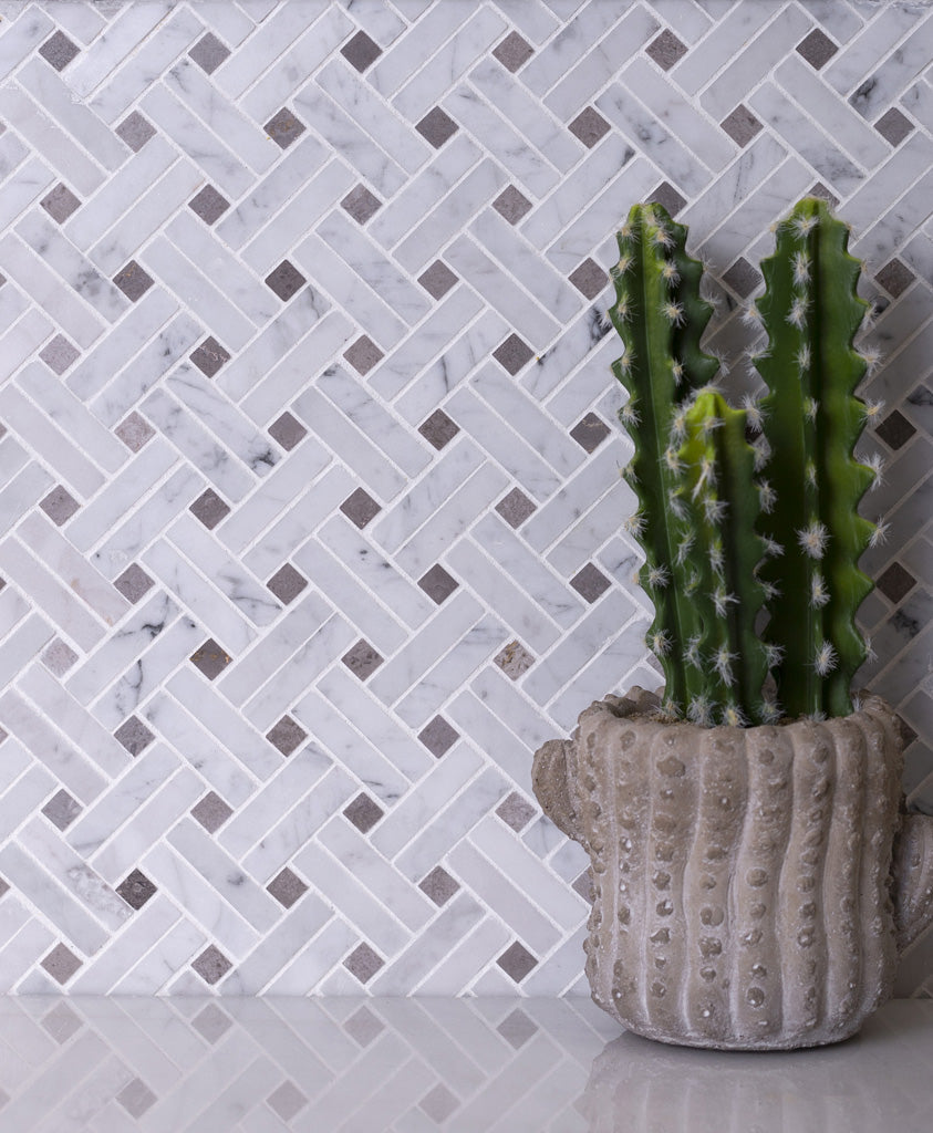 White 11x11 Polished Basketweave Marble Mosaic Tile (5 pack, 4.47 sq ft/case) - Sample