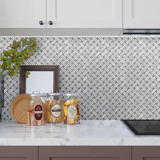 White 11x11 Polished Basketweave Marble Mosaic Tile (5 pack, 4.47 sq ft/case) - Sample