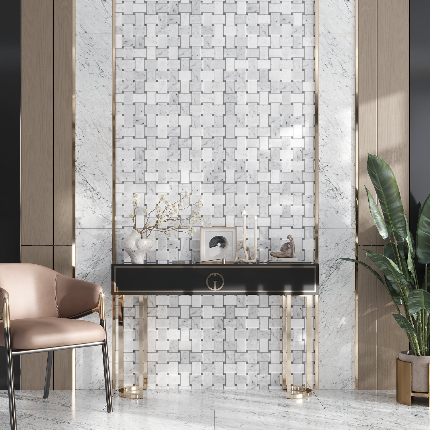 Bianco Carrara, Eastern Beige 11x11 Polished Basketweave Marble Mosaic Tile (5 pack, 4.2 sq ft/case)