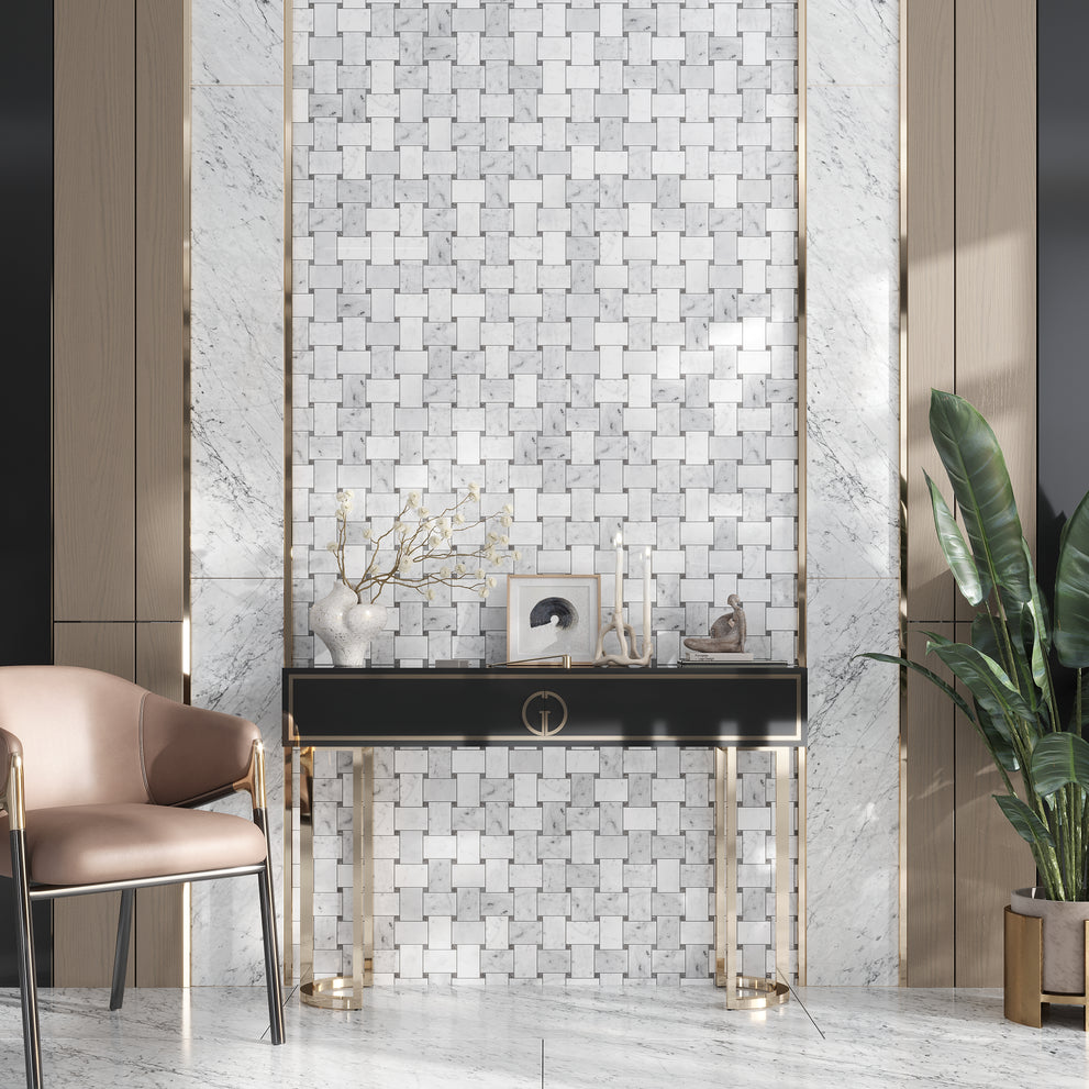 Basket weave tile pattern ideas in polished bianco carrara and eastern beige basketweave marble mosaic tile