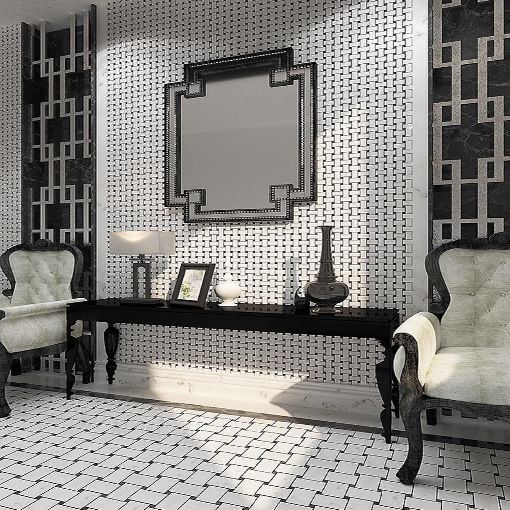 5 pack White 11 in. x 11 in. Basketweave with Dot Polished Marble Mosaic Tile (4.20 sq ft/case) - Sample