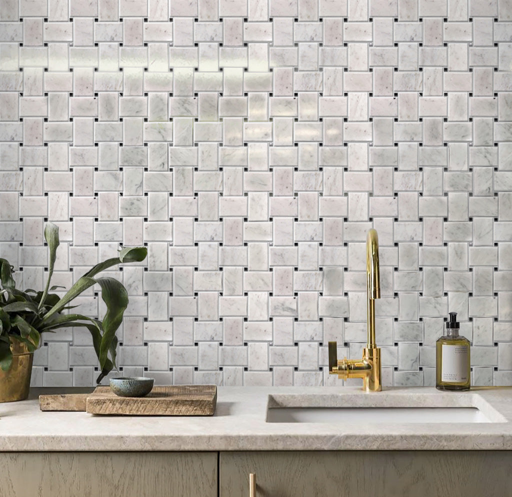5 pack White 11 in. x 11 in. Basketweave with Dot Polished Marble Mosaic Tile (4.20 sq ft/case) - Sample