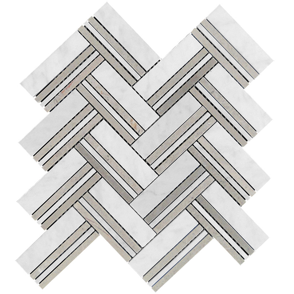 Beige White 11x12 Polished Herringbone Marble Mosaic Tile (5 pack, 4.71 sq ft/case) - Sample