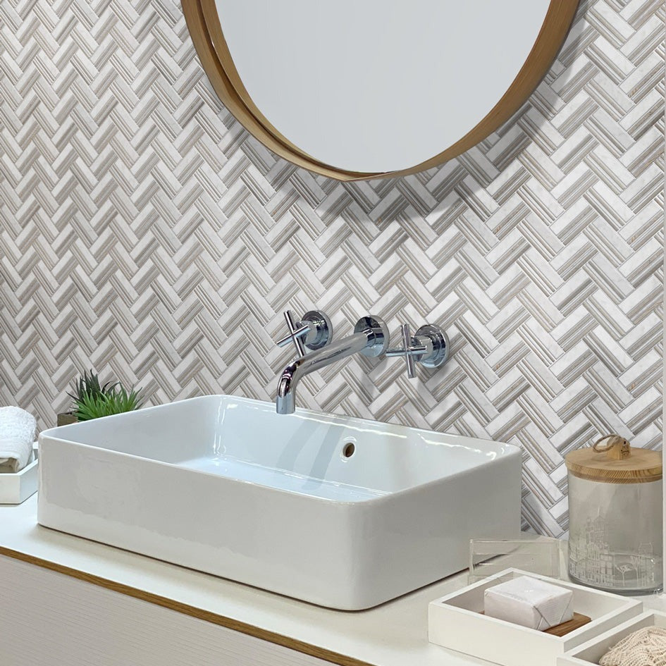 Beige White 11x12 Polished Herringbone Marble Mosaic Tile (5 pack, 4.71 sq ft/case) - Sample