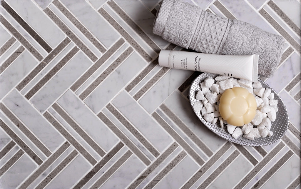 Beige White 11x12 Polished Herringbone Marble Mosaic Tile (5 pack, 4.71 sq ft/case) - Sample