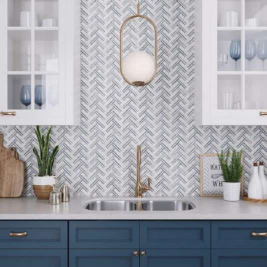 Sample-Eastern White and Blue 11x12 Polished Herringbone Marble Mosaic Tile (5 pack, 4.71 sq ft/case)