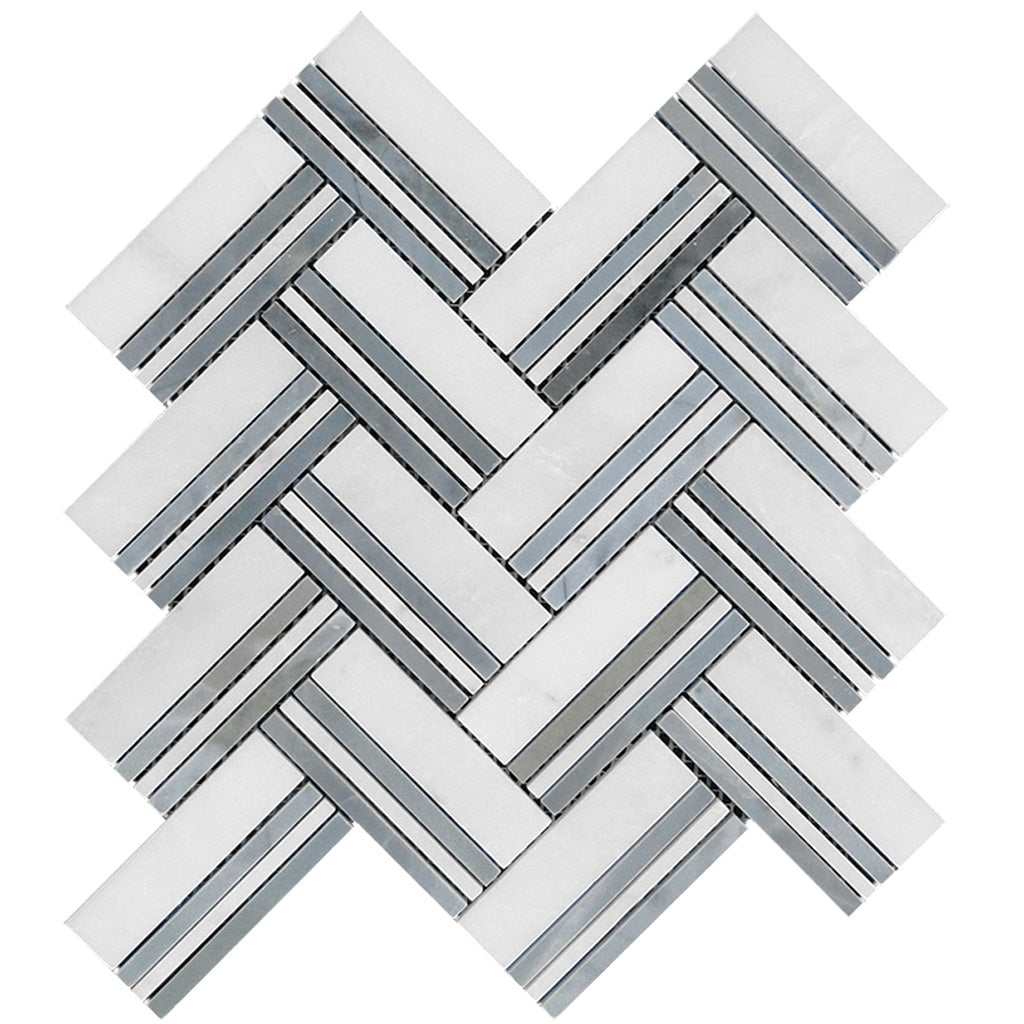 Blue White 11x12 Polished Herringbone Marble Mosaic Tile (5 pack, 4.71 sq ft/case) - Sample